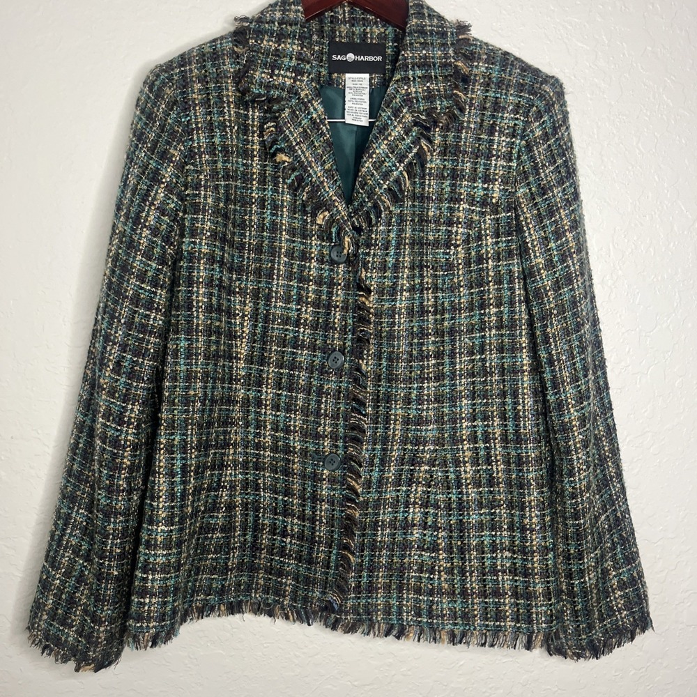Women's Vintage Y2K Sag‎ Harbor Tweed  Blazer, Green/Brown/Blue, Size 10